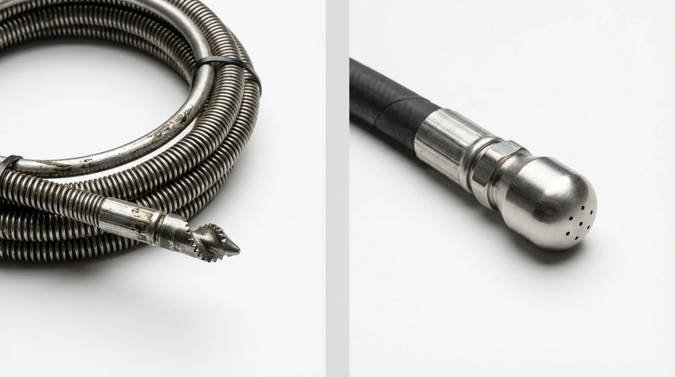 Drain snake cable and hydro jetting nozzle used for drain cleaning in Bruceton, TN