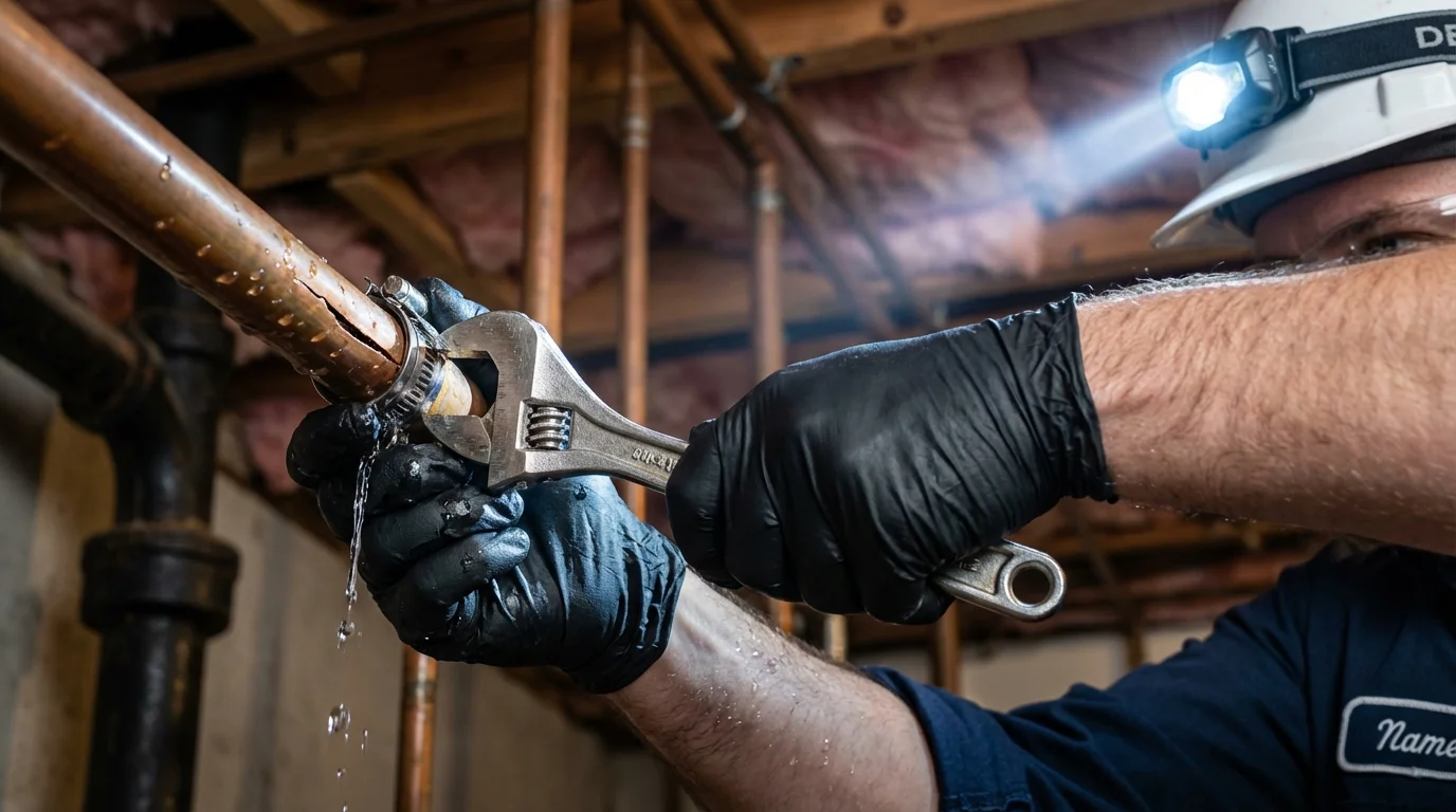 Emergency pipe clamp repair being performed by a Johns Plumbing LLC plumber in Bruceton