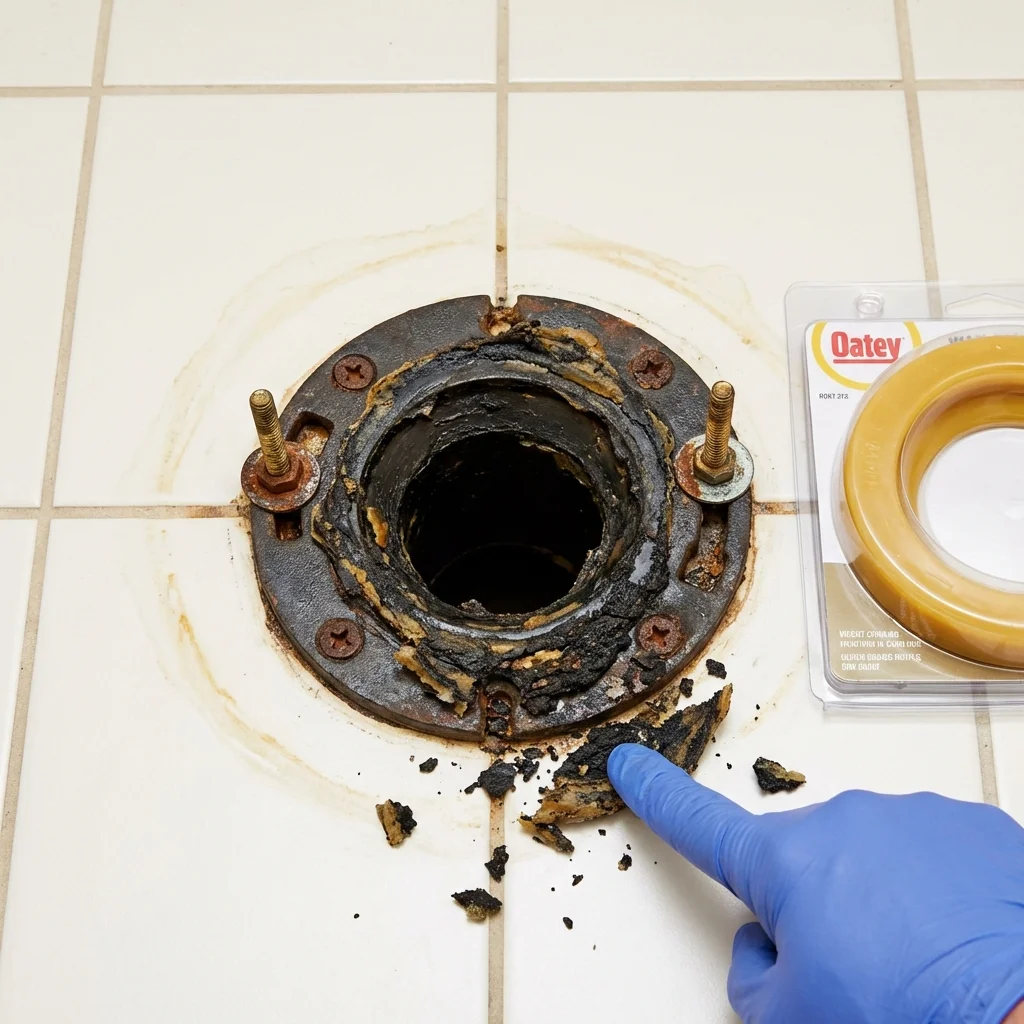 Failed wax ring showing water seepage at the base of a toilet in a Bruceton, TN home