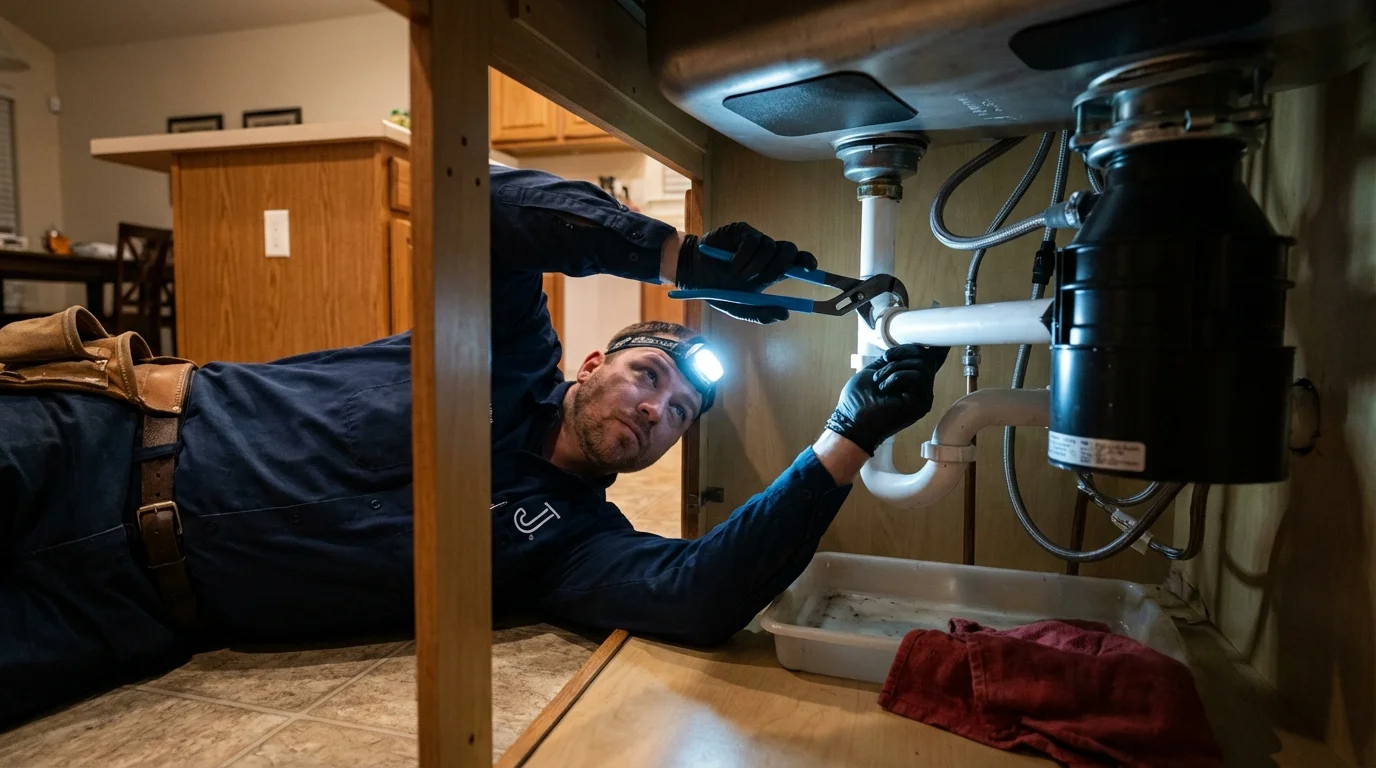 P-trap and supply line connections under a kitchen sink showing a common leak point in Bruceton, TN